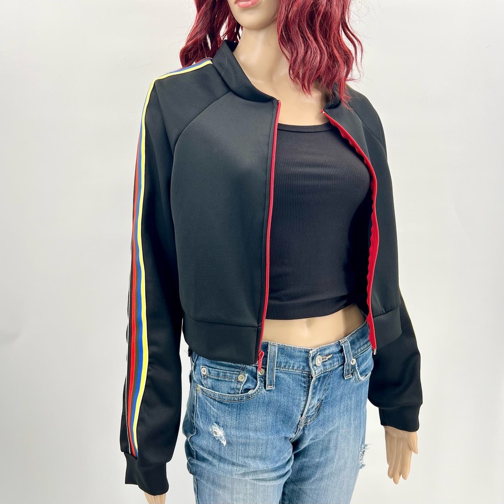 Color Stripe Bomber Jacket Womens Large Black Contrasting Trim Cropped Light